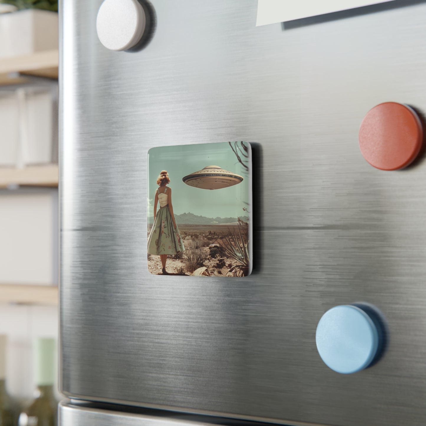 Flower Dress Retro UFO Porcelain Magnet, Square
