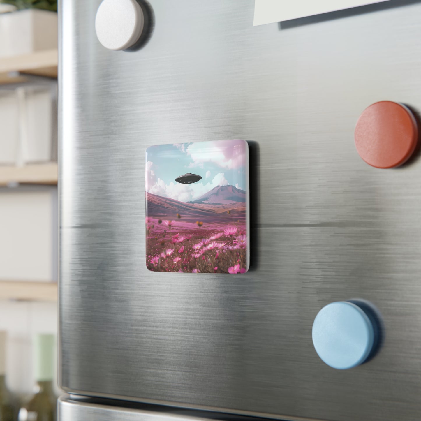 Pink Flower Field UFO Porcelain Magnet, Square