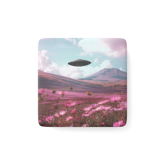 Pink Flower Field UFO Porcelain Magnet, Square