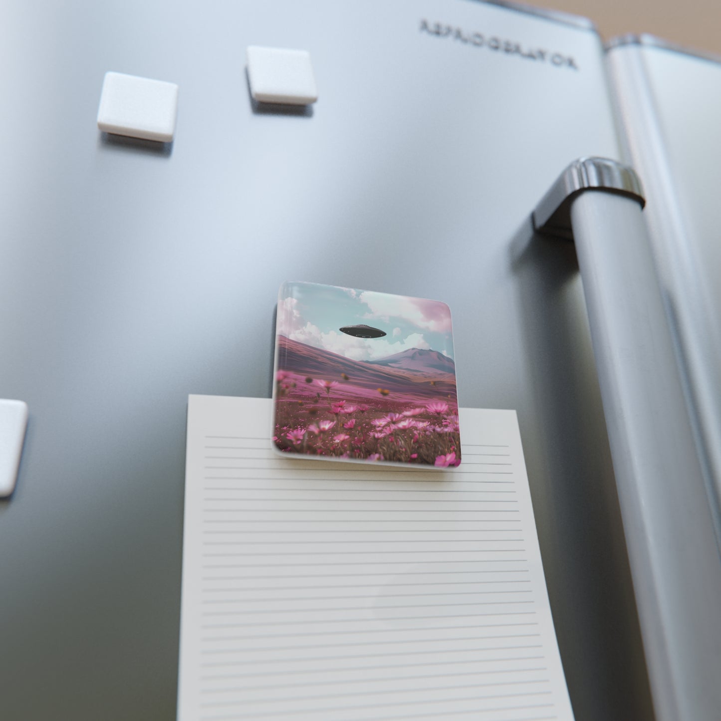 Pink Flower Field UFO Porcelain Magnet, Square